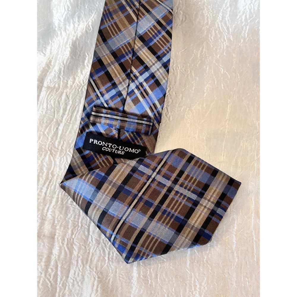 Pronto Uomo Couture Mens Blue Brown Plaid Silk Blend Handmade Necktie 3.5 Inch
